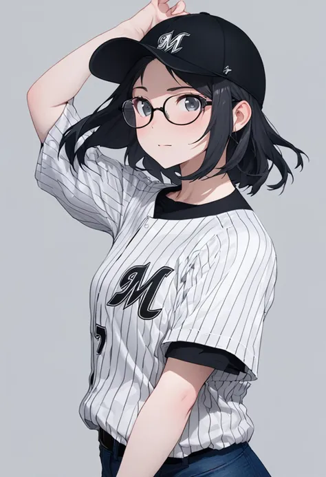 masterpiece, best quality, very aesthetic, absurdres,
1girl, solo,  glasses, black hair, medium hair, denim, skirt, 
chibalotteU, baseball cap, baseball uniform, standing, shirt, grey background, simple background, upper body, 
<lora:ChibaLotteMarinesUniformH_SDXL_V1:1>