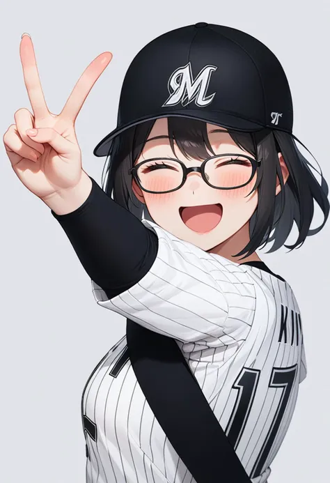 masterpiece, best quality, very aesthetic, absurdres,
1girl, solo, glasses, black hair, medium hair, happy, smile, v, closed eyes, open mouth, 
chibalotteU, baseball uniform, baseball cap, black cap, grey background, simple background, upper body,
 <lora:ChibaLotteMarinesUniformH_SDXL_V1:1>