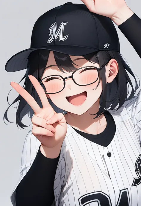 masterpiece, best quality, very aesthetic, absurdres,
1girl, solo, glasses, black hair, medium hair, happy, smile, v, closed eyes, open mouth, 
chibalotteU, baseball uniform, baseball cap, black cap, grey background, simple background, upper body,
 <lora:ChibaLotteMarinesUniformH_SDXL_V1:1>