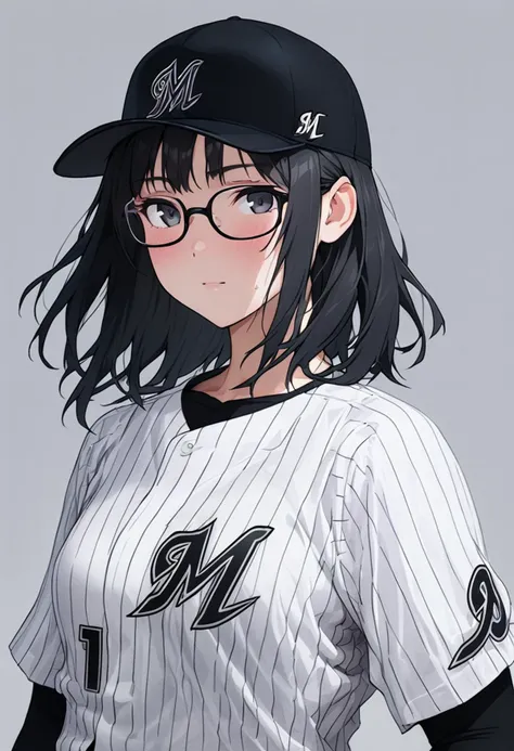 masterpiece, best quality, very aesthetic, absurdres,
1girl, solo,  glasses, black hair, medium hair, denim, skirt, 
chibalotteU, baseball cap, baseball uniform, standing, shirt, grey background, simple background, upper body, 
<lora:ChibaLotteMarinesUniformH_SDXL_V1:1>