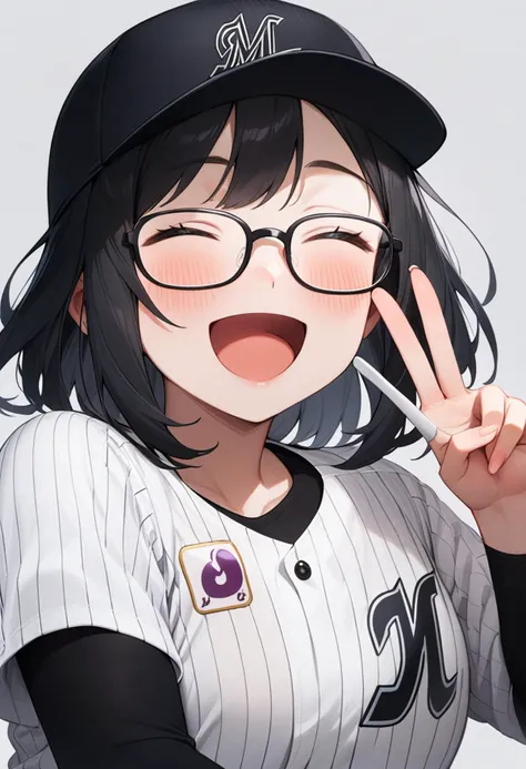 masterpiece, best quality, very aesthetic, absurdres,
1girl, solo, glasses, black hair, medium hair, happy, smile, v, closed eyes, open mouth, 
chibalotteU, baseball uniform, baseball cap, black cap, grey background, simple background, upper body,
 <lora:ChibaLotteMarinesUniformH_SDXL_V1:1>