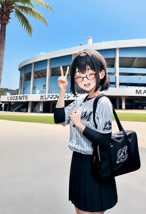 masterpiece, best quality, very aesthetic, absurdres,
marine_stadium, storefront, tree, scenery, outdoors, building, sky, palm tree, english text, day, real world location,
1girl, glasses, black hair, medium hair, chibalotteU, baseball uniform, skirt, bag, happy, smile, closed eyes, open mouth, v, looking at viewer, 
 <lora:marine_stadium_SDXL_V1:1> <lora:ChibaLotteMarinesUniformH_SDXL_V1:1>