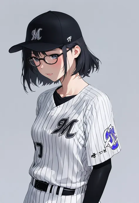 masterpiece, best quality, very aesthetic, absurdres,
1girl, solo,  glasses, black hair, medium hair, denim, skirt, 
chibalotteU, baseball cap, baseball uniform, standing, shirt, grey background, simple background, upper body, 
<lora:ChibaLotteMarinesUniformH_SDXL_V1:1>