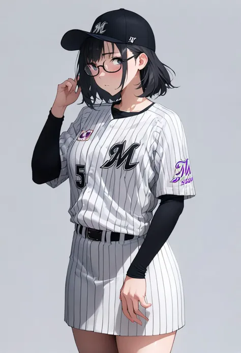 masterpiece, best quality, very aesthetic, absurdres,
1girl, solo,  glasses, black hair, medium hair, denim, skirt, 
chibalotteU, baseball cap, baseball uniform, standing, shirt, grey background, simple background, 
<lora:ChibaLotteMarinesUniformH_SDXL_V1:1>