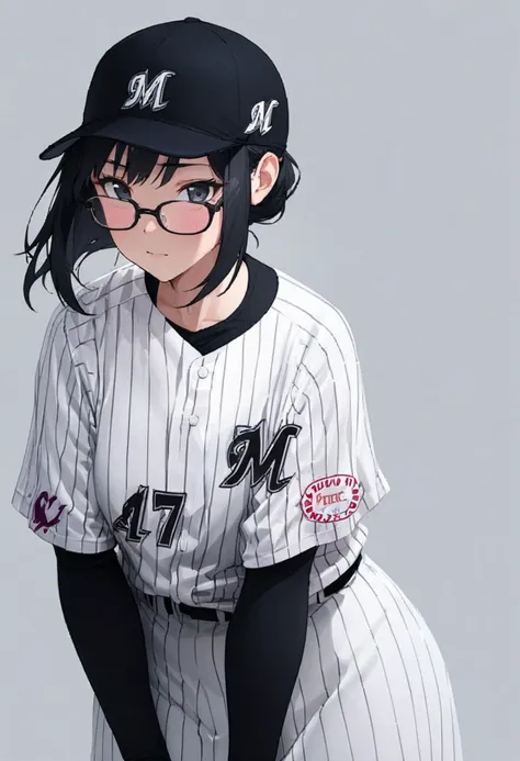 masterpiece, best quality, very aesthetic, absurdres,
1girl, solo,  glasses, black hair, medium hair, denim, skirt, 
chibalotteU, baseball cap, baseball uniform, standing, shirt, grey background, simple background, 
<lora:ChibaLotteMarinesUniformH_SDXL_V1:1>