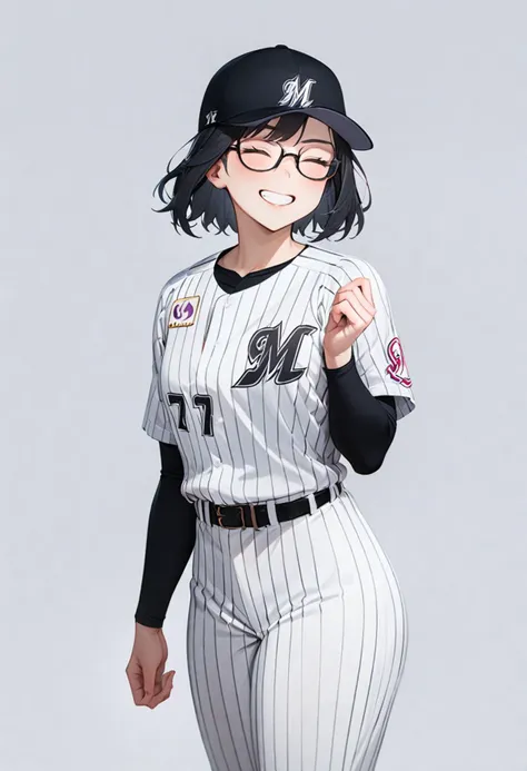 masterpiece, best quality, very aesthetic, absurdres,
1girl, solo,  glasses, black hair, medium hair, 
chibalotteU, baseball uniform, smile, baseball cap, belt, facial hair, shirt, pants, short hair, white pants, closed eyes, cowboy shot, striped pants, simple background, grey background, striped, standing, grin
 <lora:ChibaLotteMarinesUniformH_SDXL_V1:1>