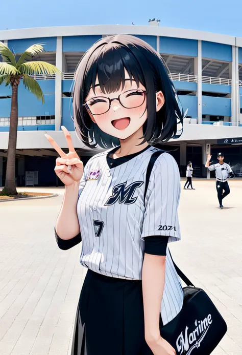 masterpiece, best quality, very aesthetic, absurdres,
marine_stadium, storefront, tree, scenery, outdoors, building, sky, palm tree, english text, day, real world location,
1girl, glasses, black hair, medium hair, chibalotteU, baseball uniform, skirt, bag, happy, smile, closed eyes, open mouth, v, looking at viewer, 
 <lora:marine_stadium_SDXL_V1:1> <lora:ChibaLotteMarinesUniformH_SDXL_V1:1>