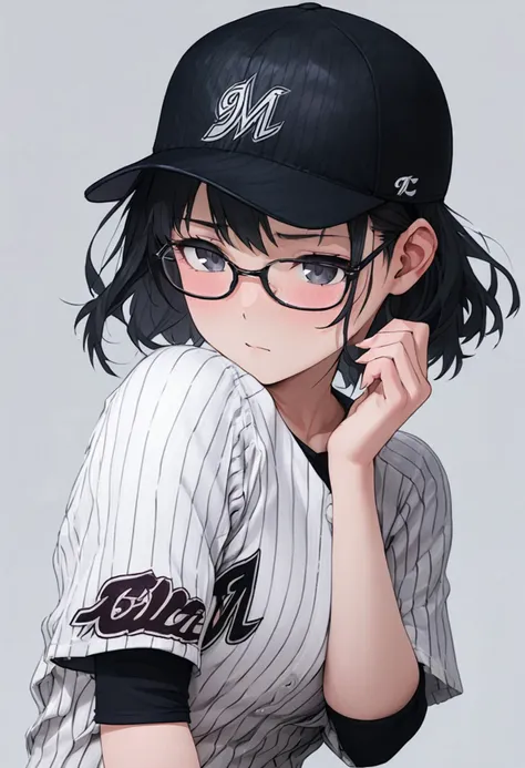 masterpiece, best quality, very aesthetic, absurdres,
1girl, solo,  glasses, black hair, medium hair, denim, skirt, 
chibalotteU, baseball cap, baseball uniform, standing, shirt, grey background, simple background, upper body, 
<lora:ChibaLotteMarinesUniformH_SDXL_V1:1>