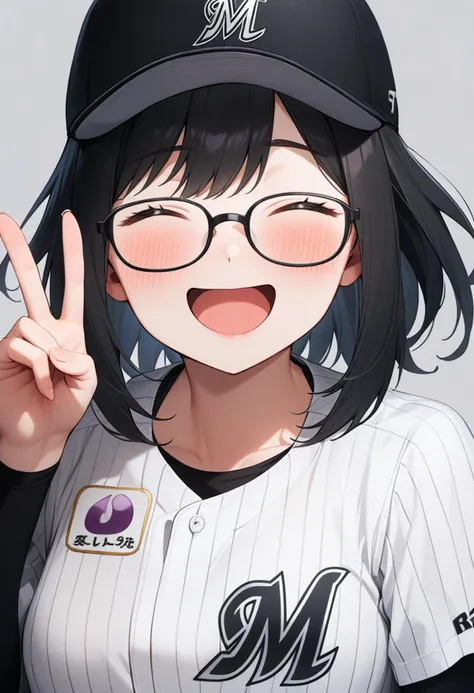 masterpiece, best quality, very aesthetic, absurdres,
1girl, solo, glasses, black hair, medium hair, happy, smile, v, closed eyes, open mouth, 
chibalotteU, baseball cap, baseball uniform, standing, shirt, grey background, simple background, upper body,
 <lora:ChibaLotteMarinesUniformH_SDXL_V1:1>