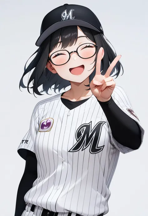 masterpiece, best quality, very aesthetic, absurdres,
1girl, solo, glasses, black hair, medium hair, happy, smile, v, closed eyes, open mouth, 
chibalotteU, baseball cap, baseball uniform, standing, shirt, grey background, simple background, upper body,
 <lora:ChibaLotteMarinesUniformH_SDXL_V1:1>