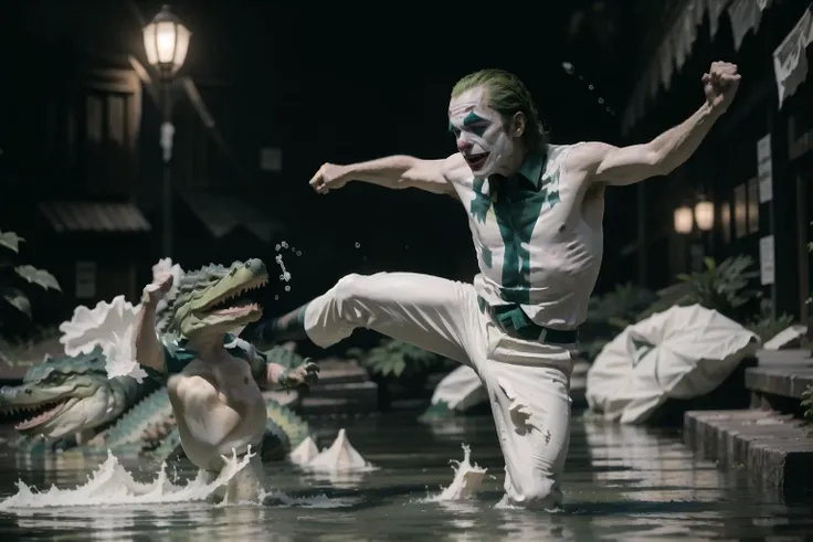 High Quality, Masterpiece, 1boy, IncrsAllgtrMeme, crocodile, kicking, water, standing on one leg, <lora:KickingAlligatorMeme:1>, The Joker, <lora:Char_Sigmas_Joker:0.7>