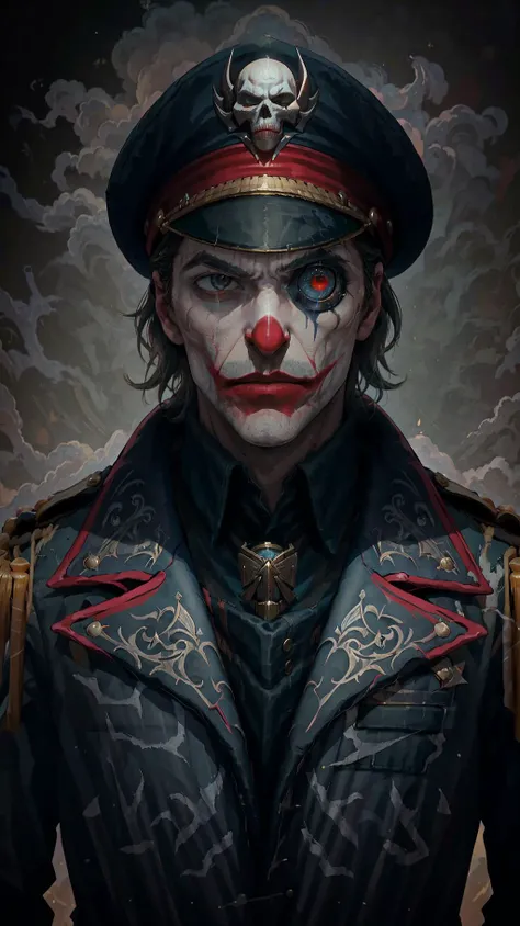 High Quality, Masterpiece, 1boy, solo, edgCommissar, epaulettes, wearing edgCommissar, ((artificial eye)), skull emblem, millitary uniform, hat, <lora:Outfit_Warhammer40KCommissar:1>, upper body, muscular male, The Joker, <lora:Char_Sigmas_Joker:0.7>
