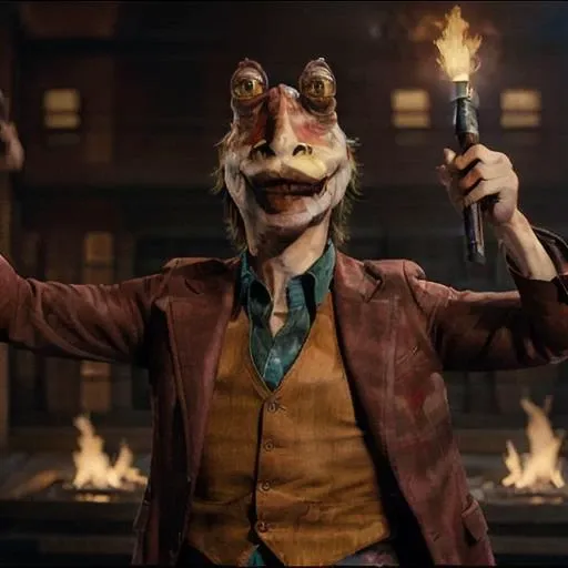 The Joker, jar jar binks, Beautiful Art Style, 1boy, fire, holding knife, looking at viewer, bun, prison, bent over, french costume <lora:jarJarBinksGunganStar_v3:0.6> <lora:Joker:0.6>