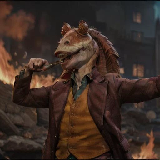 The Joker, jar jar binks, Beautiful Art Style, 1girl, young woman, looking at viewer, lob, fire, jojo pose, gazelle costume <lora:jarJarBinksGunganStar_v3:0.6>  <lora:Joker:0.6>