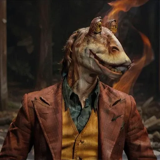The Joker, jar jar binks, Beautiful Art Style, 1boy, fire, looking at viewer, pixie bob, valley, laying down, fruits costume <lora:jarJarBinksGunganStar_v3:0.6> <lora:Joker:0.6>