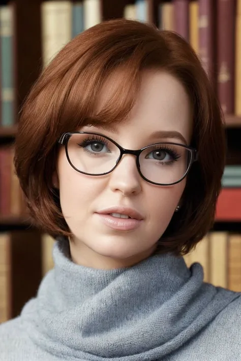 headshot of S394_HaydenWinters,a stunning woman,in a (library:1.1),wearing a (cowlneck:1.1),(glasses),(4k, RAW photo, best quality, 50mm, depth of field, ultra high res:1.1),(intricate, photorealistic, cinematic-shot, masterpiece, ultra-detailed:1.1),