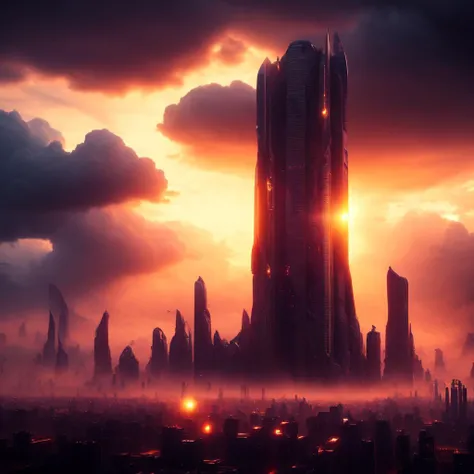scifi city surrounded by storm clouds at sunset (retrotide:1) <lora:RetroTide_Lyco-nocap:0.8>