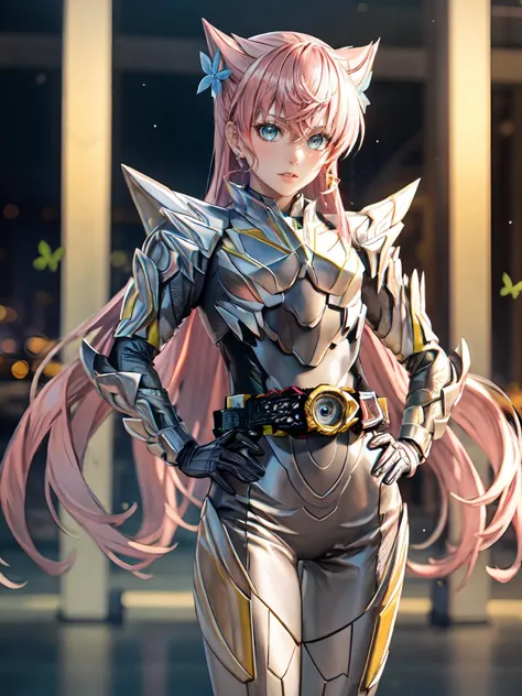 (extremely detailed CG), (best quality), <lora:MariaEve-10:0.7> MariaEve,hair flower,butterfly hair ornament,very long hair,hair ornament,blue eyes,pink hair,long hair, looking at viewer, <lora:MetalCluster-10:0.9> MetalCluster,blue eyes,bodysuit,,rider belt, belt,armor,hands on hips, shoulder armor,