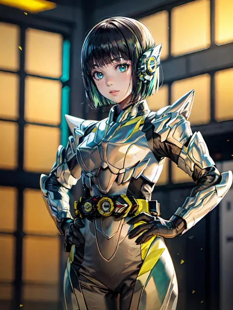 (extremely detailed CG), (best quality),  1girl,solo perfect face, shiny skin, lustrous skin, wide hips, narrow waist <lora:HeroineIzu-10:0.6> HeroineIzu ,,aqua eyes, green hair,multicolored hair,humagear_headphones,black hair, bangs, short hair   <lora:MetalCluster-10:0.9> MetalCluster,blue eyes,bodysuit,,rider belt, belt,armor,hands on hips, shoulder armor,