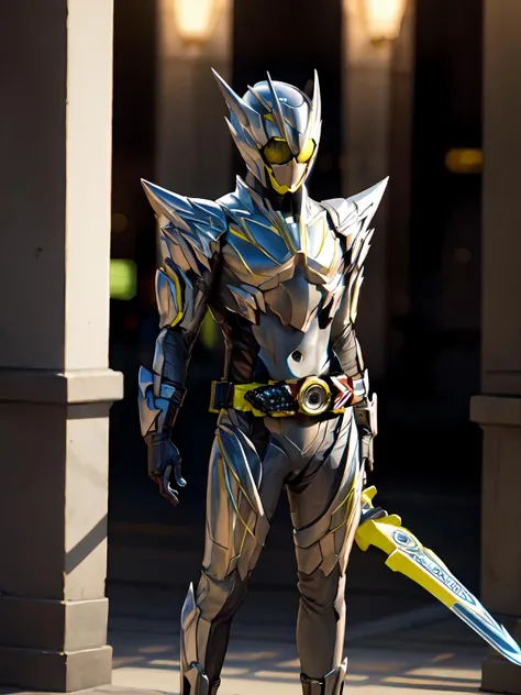 (extremely detailed CG), (best quality), <lora:MetalCluster-10:0.8> MetalCluster,bodysuit, shoulder armor,gloves,belt, rider belt,helmet, standing, holding weapon, weapon, side view, looking at viewer,