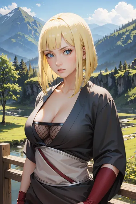 masterpiece, best quality, samui, black kimono, cleavage, vambraces, upper body, looking at viewer, serious, japanese architecture, village, mountains, rock formations, plateau <lora:samui-nvwls-v1-000009:0.9>