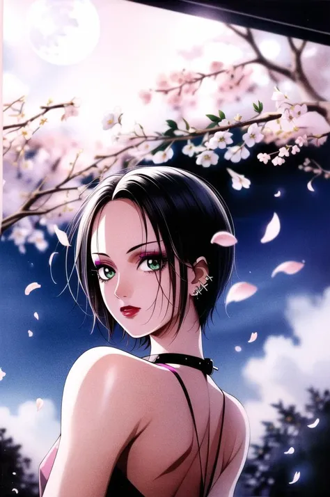 (masterpiece,best quality,highres:1.2),1girl,nana,short hair,black hair,jewelry,green eyes,earrings,collar,makeup,piercing,lipstick,ear piercing,chocker,<lora:nana_osaki:0.7>,cowboy shot,looking at viewer,punk clothes,(depth of field:1.3),charming posing,<lora:add_detail:0.6>,close-up,cherry blossoms,cloud,full moon,moon,moonlight,night,night sky,outdoors,petals,blue moon,rose petals,sky,star sky,starry sky,