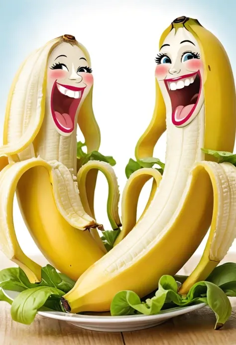 cartoon banana women laughing with salad <lora:PAseer-SDXL-EveryThingisBanana:0.8>