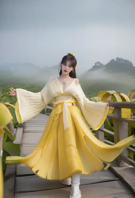 1girl,  A beautiful girl in banana hanfu,hanfu made of banana, wide sleeves made of banana, long skirt made of banana, Banana shaped tassels float in the wind, and there are many banana stripes on the Hanfu. Bananas radiate around the girl's center,yellow, full body, Guofeng, analog film photo ethereal fantasy concept art of masterpiece, dynamic perspective, intricate details, wide angle, fisheye, motion blur,  <lora:PAseer-SDXL-EveryThingisBanana:0.85>
First light piercing through the mist, The mist, illuminated by the emerging sun, adds a mystical and dreamy quality. It's a serene scene, defined by the soft, ethereal light and deep shadows.