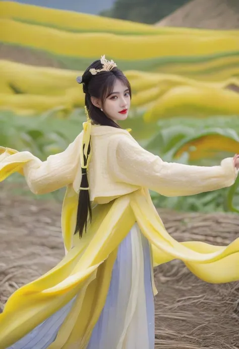 1girl, A beautiful girl in banana hanfu, hanfu made of banana, long sleeves made of banana, long skirt made of banana, Banana stripes blown by the wind, and there are many banana stripes on the Hanfu, yellow, upper body, Guofeng, analog film photo ethereal fantasy concept art of masterpiece, dynamic perspective, intricate details, wide angle, motion blur, <lora:PAseer-SDXL-EveryThingisBanana:0.9>
sunset,horizon,mountainous horizon,autumn,flower field,flower ocean,