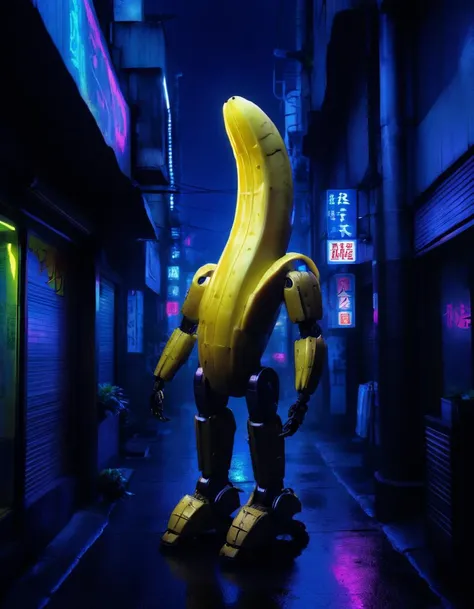 (banana:.8),Robotic creature, neon lights, urban landscape, dark tones, inspired by the work of Yoshitaka Amano in a picturesque environment