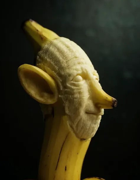 (banana),(A close-up portrait of a person with large ears. The background is dark and blurry. In the style of Pablo Picasso. in a picturesque environment:0.9)