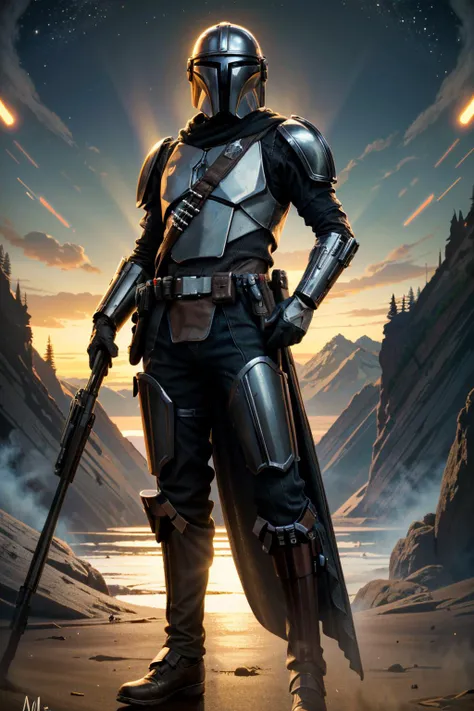 ((ultra detailed, masterpiece, absurdres))
 <lora:StarWMandalorian:0.9>
StarWMandalorian, 1boy, no face, helmet, gloves, holding rifle, rifle, planet, science fiction