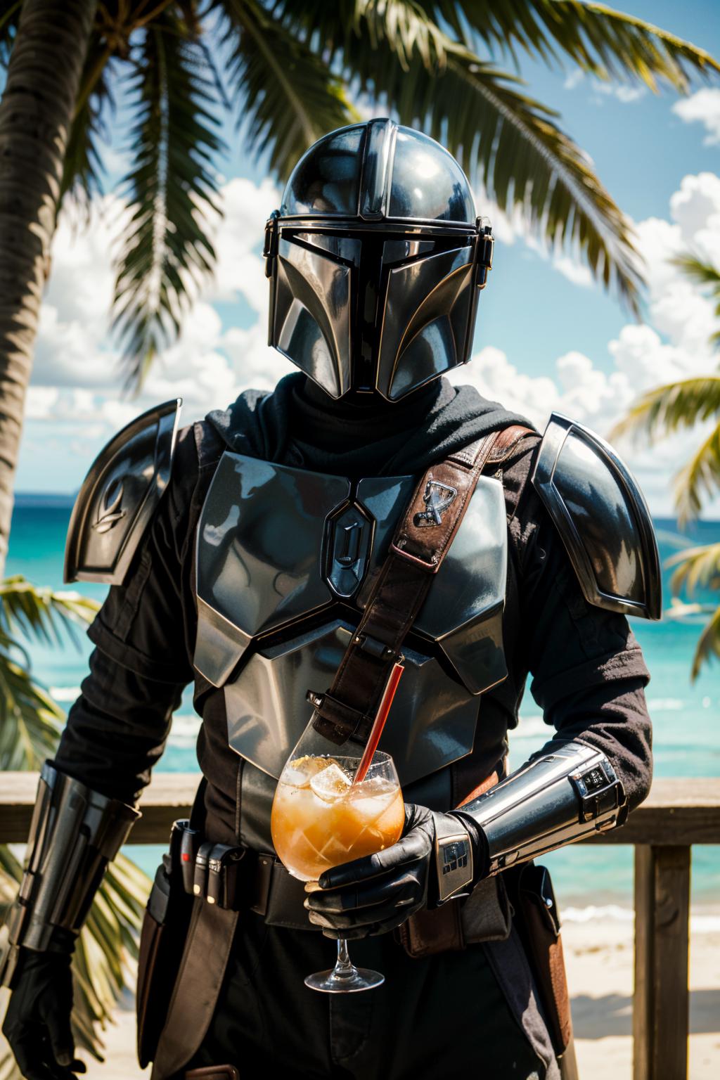 A man in a helmet and armor holding a drink - SeaArt AI