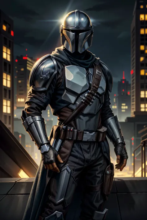 ((ultra detailed, masterpiece, absurdres))
<lora:StarWMandalorian:0.9>
StarWMandalorian, 1boy, no face, helmet, gloves, Glowing Cityscape with City Lights in the Background
