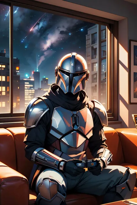 StarWMandalorian,man, helmet, silver armor, looking at viewer, sitting, on sofa,holding game controller, apartment living room, window, space, night, stars, high quality, masterpiece, <lora:StarWMandalorian:.7> <lora:girllikevideogame:.6>