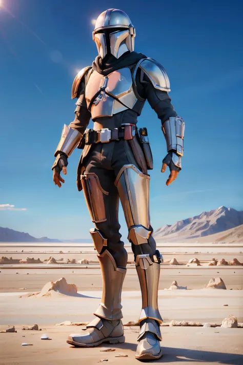 StarWMandalorian,man, helmet, silver armor, boots, looking at viewer, full body shot, standing, outside, salt flats, blue sky, high quality, masterpiece,  <lora:StarWMandalorian:.8>