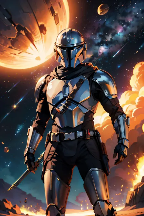 StarWMandalorian,man, helmet, silver armor, looking at viewer, standing, on asteroid, space, stars, high quality, masterpiece, <lora:StarWMandalorian:.7>