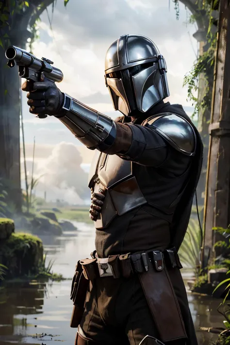 StarWMandalorian,man, helmet, silver armor, boots, looking at viewer, aiming gun, outside, swamp, jungle, fog, high quality, masterpiece, <lora:StarWMandalorian:.7>