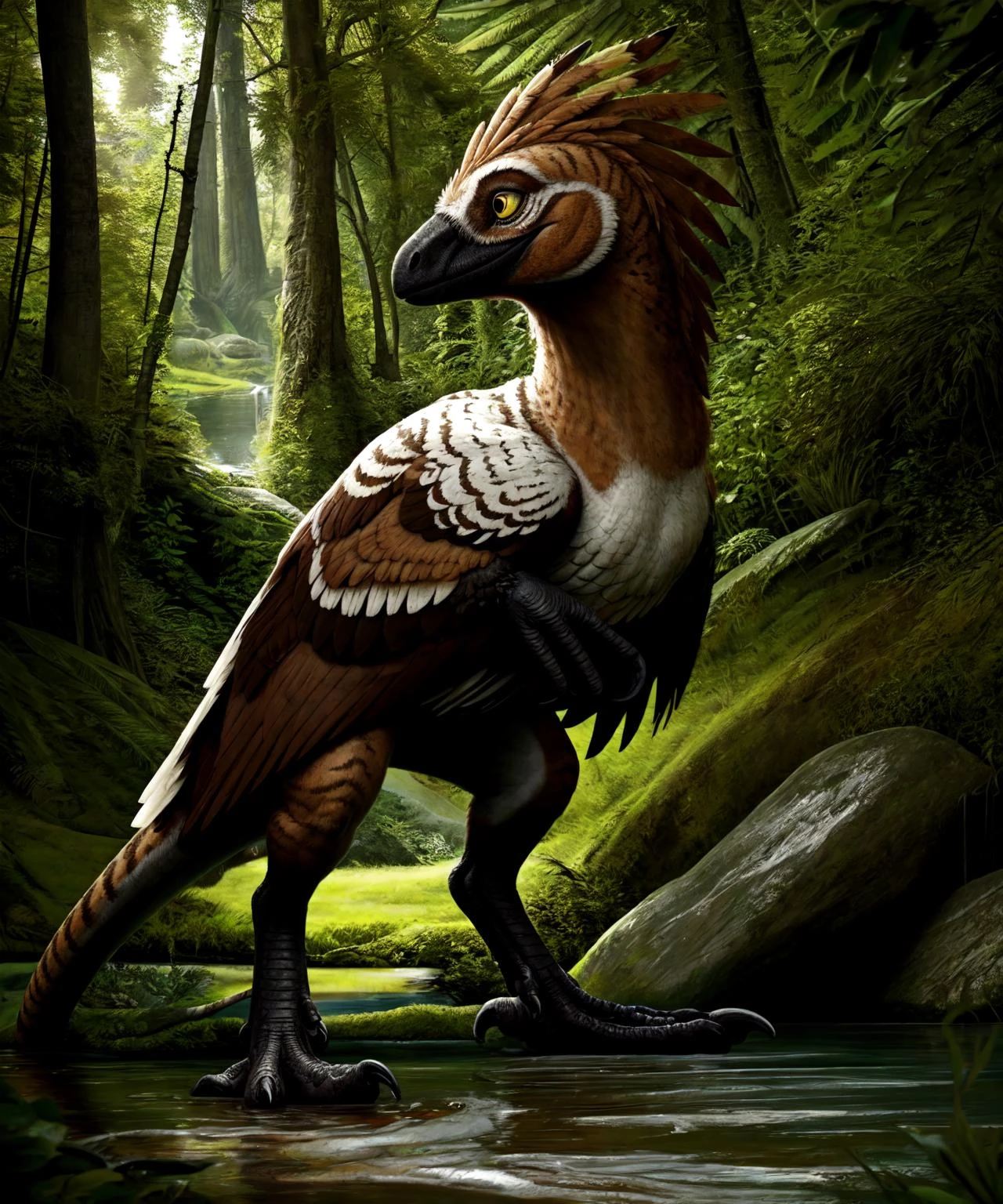 biped ,a beautiful and detailed feral dromaeosaurid, female,raptor, photorealistic, smile, ((feathers)), deinonychus, yellow eyes, white feathers, black feathers, brown feathers, black face, slit pupils, outside, striped body, spots,dense forest, feet, dewclaw, (long tail), stream,feathered arms,black hands, claws,standing,
<lora:dromaeosaurid v2 ezfluff cs1:1>