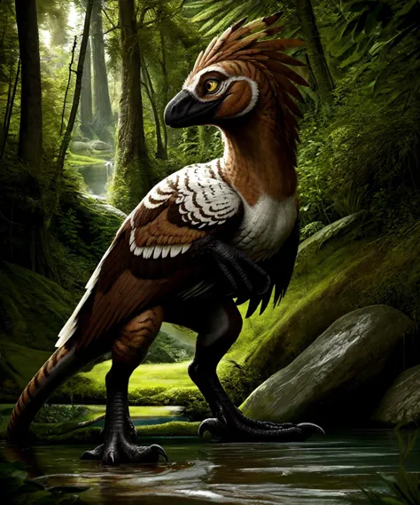 biped ,a beautiful and detailed feral dromaeosaurid, female,raptor, photorealistic, smile, ((feathers)), deinonychus, yellow eyes, white feathers, black feathers, brown feathers, black face, slit pupils, outside, striped body, spots,dense forest, feet, dewclaw, (long tail), stream,feathered arms,black hands, claws,standing, 
<lora:dromaeosaurid v2 ezfluff cs1:1>