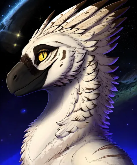 a beautiful and detailed feral dromaeosaurid, female,raptor, qwerty dragon, smile, ((feathers)), deinonychus, yellow eyes, white feathers, black face, slit pupils, space background, outside, stripes, spots,bust portrait, (brown feathers:.75), key lighting
 <lora:dromaeosaurid v2 ezfluff cs1:1>