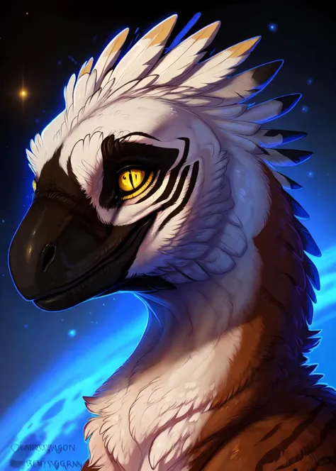 biped,((feral)), feathered dinosaur,raptor, dromaeosaurid,qwertydragon, yellow eyes, (slit pupils), space background,,white feathers,deinonychus,(feathers), brown feathers,stripes, spot,key lighting, bust portrait, black face
<lora:dromaeosaurid v2.1 ezfluff cs1:1>