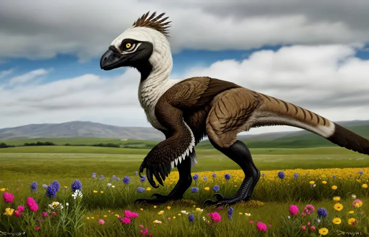 biped,((feral)), feathered dinosaur,raptor, dromaeosaurid,photorealism, yellow eyes, (slit pupils), white feathers,deinonychus,(feathers), brown feathers,stripes, spot, black face, black feet, fingers, winged arms, tail, field, clouds, flowers, tail, standing
<lora:dromaeosaurid v2.1 ezfluff cs1:1>