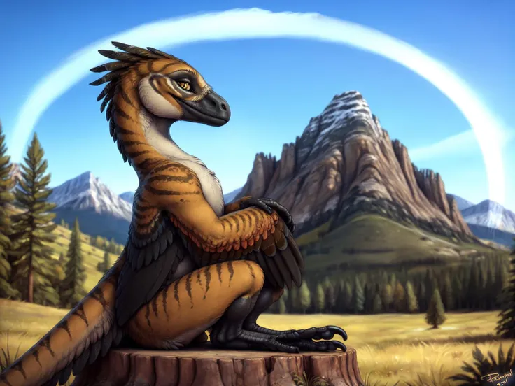 dromaeosaurid, raptor, feathered dinosaur, brown feathers, black feathers, yellow eyes, side view, biped, tail,winged arms, black feet,feral, outside, trees, grass, mountains, clouds, ecmajor, personalami ,fingers,stripes, spot, black face,brown head,((feathers)),sit on a stump, slit pupils, short nose,feathered arms, looking at viewer
<lora:dromaeosaurid v3.1 fluffyrock cs1 d60:1>