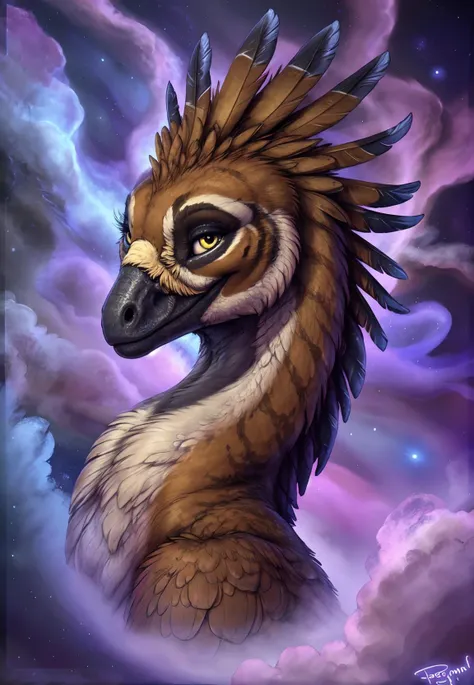 dromaeosaurid, raptor, feathered dinosaur, brown feathers, black feathers, yellow eyes, tail,feral,  ecmajor, personalami ,stripes, black face,brown head,((feathers)),  looking at viewer, space background,purple nebula blue nebula, foreground nebula, stars, bust portrait,nebula swirl,smirk, winged arms,tail,feathered arms, fingers, feathered tail,border
<lora:dromaeosaurid v3.1 fluffyrock cs1 d60:1>