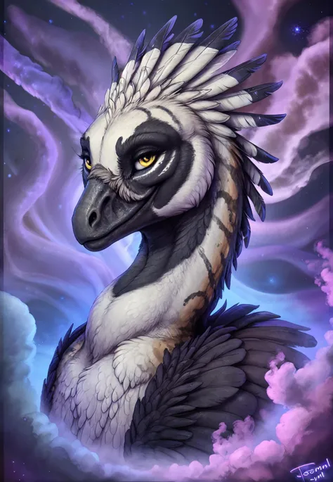 dromaeosaurid, raptor, feathered dinosaur,  black feathers, yellow eyes, tail,feral,  ecmajor, personalami ,stripes,spots, black face,white head,((feathers)),  looking at viewer, space background,purple nebula blue nebula, foreground nebula, stars, bust portrait,nebula swirl,smirk, winged arms,tail,feathered arms, fingers, feathered tail,border
<lora:dromaeosaurid v3.1 fluffyrock cs1 d60:1>