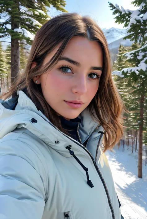((Instagram selfie)), best quality raw photo of (Wyl13N3ls0n01:0.99), a woman, modelshoot style, (extremely detailed CG unity 8k wallpaper), photo of the most beautiful artwork in the world, professional majestic oil painting by Ed Blinkey, Atey Ghailan, Studio Ghibli, by Jeremy Mann, Greg Manchess, Antonio Moro, trending on ArtStation, trending on CGSociety, Intricate, High Detail, Sharp focus, dramatic, photorealistic painting art by midjourney and greg rutkowski, (puffy ski jacket:1.1), (on a ski slope:1.2), (snowing:1.1), ((posing for a picture with trees in the background:1.1)), (looking at viewer:1.4), (detailed pupils:1.3), (modern outfit:1.2), (closeup:1.4), (vermont mountainrange:1.3)