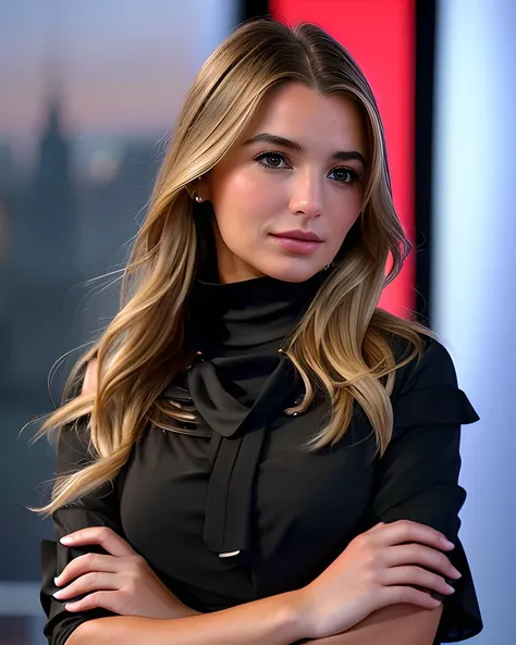 best quality raw photo of (Wyl13N3ls0n01:0.99), a woman as a sexy tv host, (anchorwoman), (in a CNN tv studio), (presenting the CNN news:1.1), (CNN logo), modelshoot style, (extremely detailed CG unity 8k wallpaper), photo of the most beautiful artwork in the world, professional majestic oil painting by Ed Blinkey, Atey Ghailan, Studio Ghibli, by Jeremy Mann, Greg Manchess, Antonio Moro, trending on ArtStation, trending on CGSociety, Intricate, High Detail, (Sharp focus:1.1), dramatic, photorealistic painting art by midjourney and greg rutkowski, ((wearing ((High Neck Blouse:1.2)) and blazer:1.2)), ((looking at viewer)), (detailed pupils:1.3), (modest outfit:1.2)
