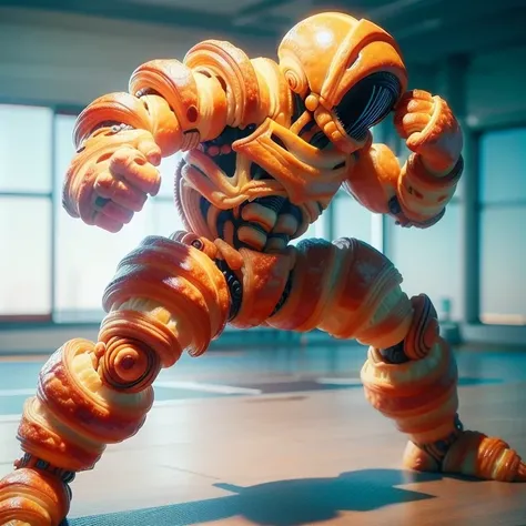 Croissant-carving,a realistic fighting alien figurine entirely made from Croissant,realistic style,cinematic feel,clean empty background,<lora:food_carving_sd_1_5_20231211:1>,