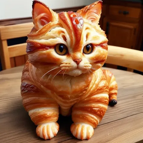 Croissant-carving,a realistic cat,Top with lot strawberry jam,entirely from croissants,realistic style,cinematic feel,<lora:food_carving_sd_1_5_20231211:0.75>,